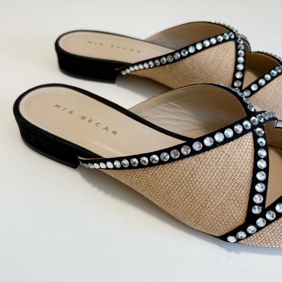 Mia Becar Ines Flat Mule EU 39 Italian Leather Raffia Crystals Slip On Feminine - Picture 6 of 16